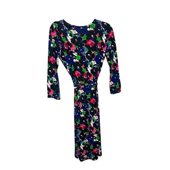 Talbots Dress Black Impressionist Floral Print Long Sleeve Belted Stretch Small - Picture 5 of 9